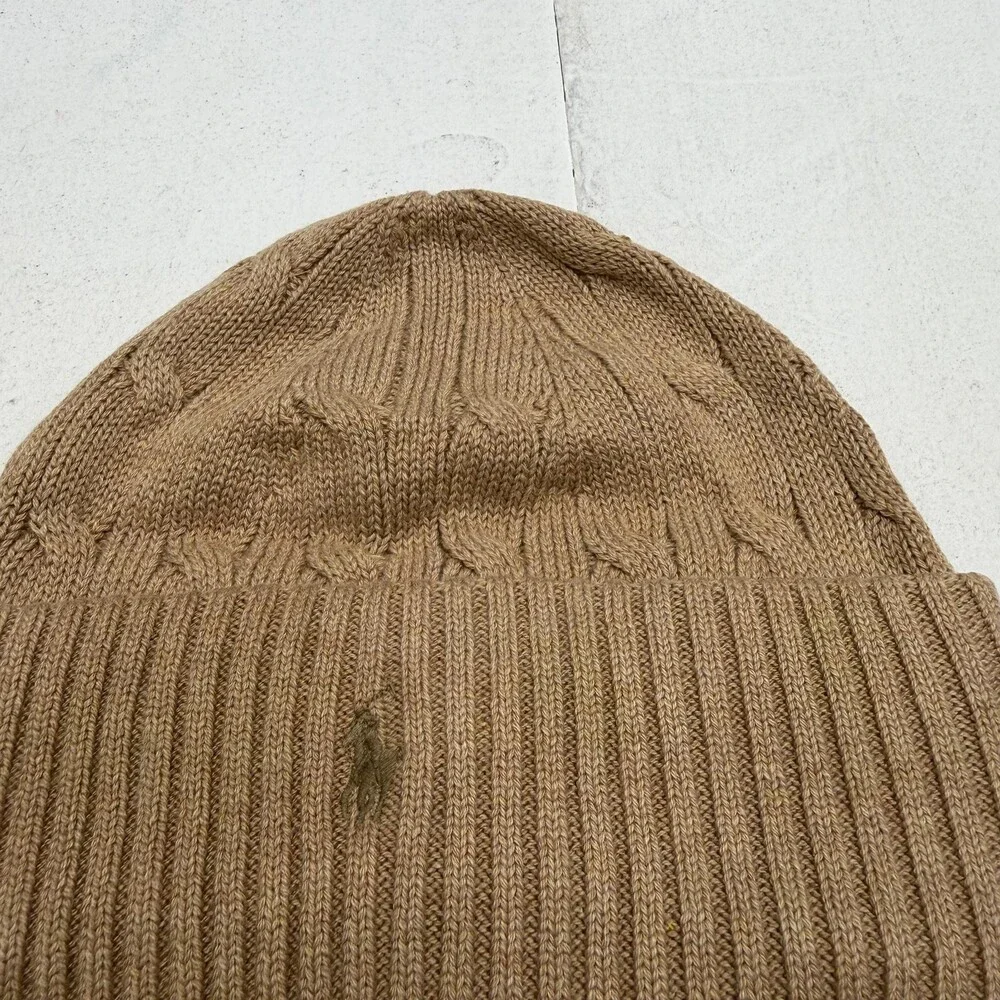 Polo Ralph Lauren Hat Beanie Fitted Mens M Brown Cable Knit Fleece Lined Winter